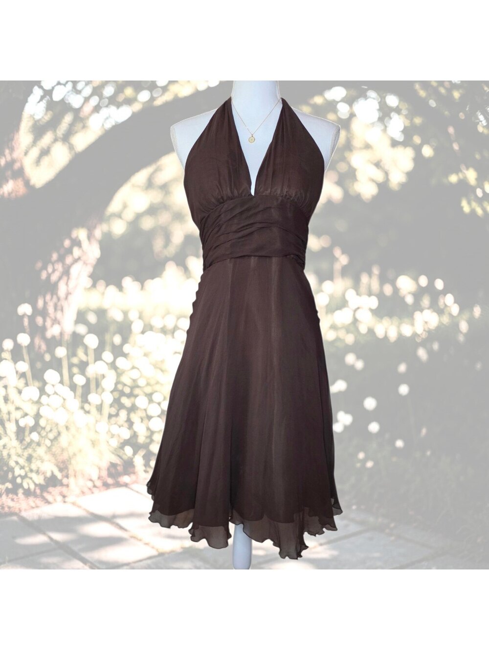 Mixit Size 8 Brown Silk Halter Dress Ruched V Neck Cocktail Y2K Backless Western